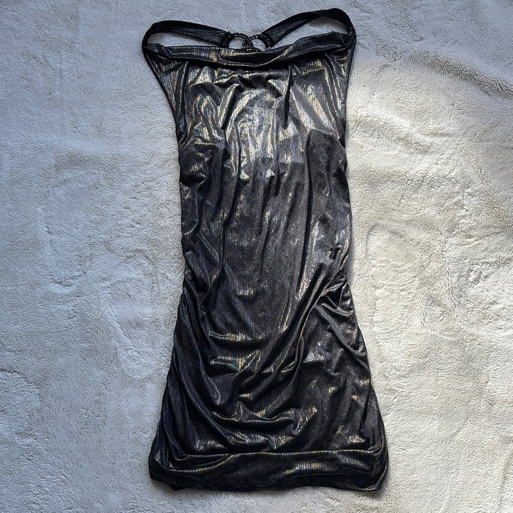 Y2K Cowl Neck Metallic Mini Dress – Silver Bronze Sheen with Open Back Detail